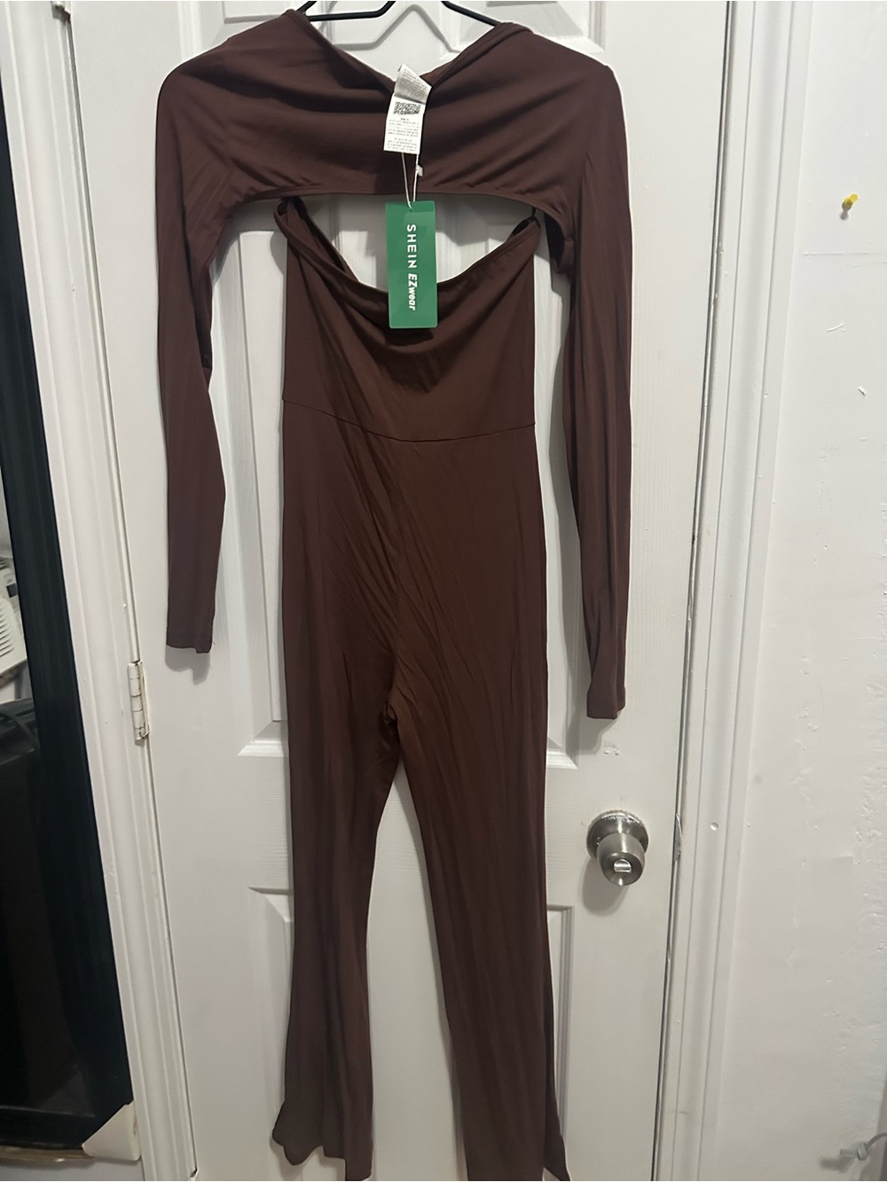 SHEIN Brown Long-Sleeve Cutout Jumpsuit
